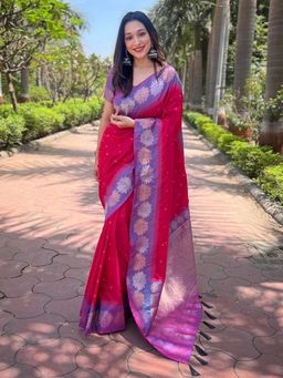 Odette - Women Hot Pink Woven Design Soft Silk Saree with Unstitched Blouse