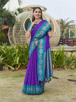 Odette - Women Navy Blue Woven Design Soft Silk Saree with Unstitched Blouse