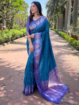 Odette - Women Teal Woven Design Soft Silk Saree with Unstitched Blouse