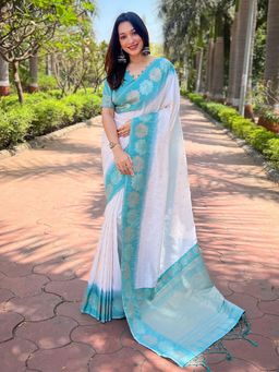 Odette - Women White Woven Design Soft Silk Saree with Unstitched Blouse