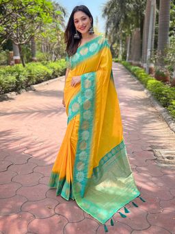 Odette - Women Yellow Woven Design Soft Silk Saree with Unstitched Blouse