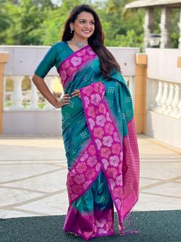 Odette - Women Teal Woven Tassels Soft Silk Saree with Unstitched Blouse