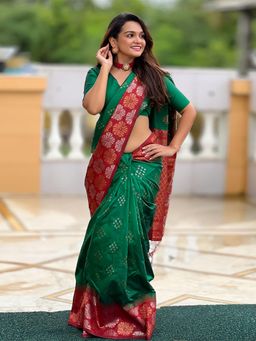 Odette - Women Green Woven Tassels Soft Silk Saree with Unstitched Blouse