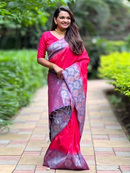 Odette - Women Pink Woven Tassels Soft Silk Saree with Unstitched Blouse