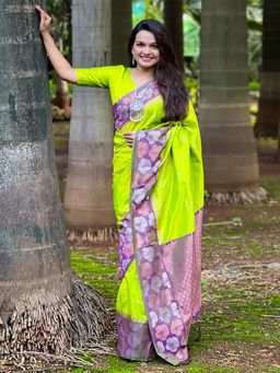 Odette - Women Parrot Green Woven Tassels Soft Silk Saree with Unstitched Blouse