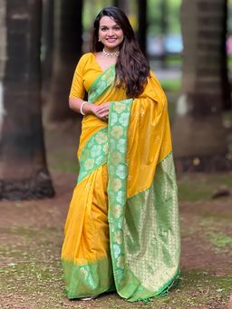 Odette - Women Yellow Woven Tassels Soft Silk Saree with Unstitched Blouse
