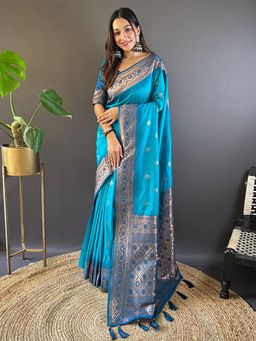 Odette - Women Sea Blue Woven Design Soft Silk Saree with Unstitched Blouse
