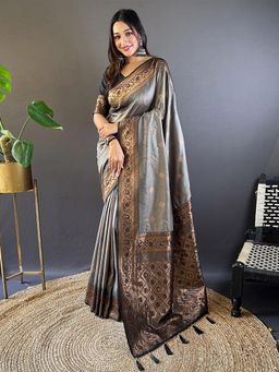 Odette - Women Grey Woven Design Soft Silk Saree with Unstitched Blouse