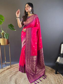 Odette - Women Pink Woven Design Soft Silk Saree with Unstitched Blouse