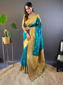 Odette - Women Teal Woven Design Soft Silk Saree with Unstitched Blouse