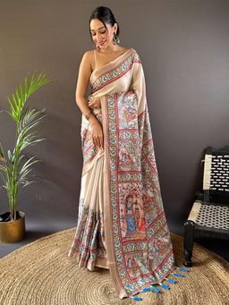 Odette - Women Beige Printed Silk Blend Saree with Unstitched Blouse