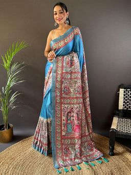 Odette - Women Blue Printed Silk Blend Saree with Unstitched Blouse