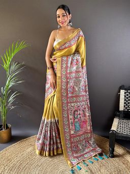 Odette - Women Mustard Printed Silk Blend Saree with Unstitched Blouse