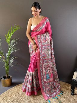 Odette - Women Pink Printed Silk Blend Saree with Unstitched Blouse