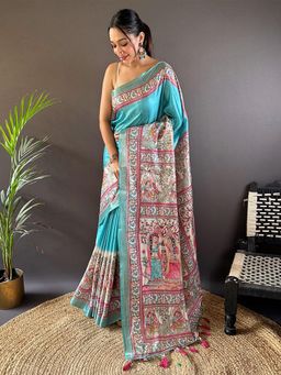 Odette - Women Sea Blue Printed Silk Blend Saree with Unstitched Blouse