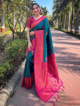 Odette - Women Teal Woven Design Soft Silk Saree with Unstitched Blouse