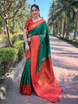 Odette - Women Green Woven Design Soft Silk Saree with Unstitched Blouse