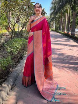 Odette - Women Pink Woven Design Soft Silk Saree with Unstitched Blouse