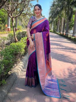 Odette - Women Purple Woven Design Soft Silk Saree with Unstitched Blouse