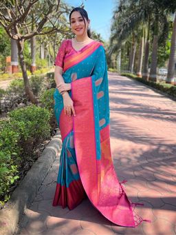Odette - Women Blue Woven Design Soft Silk Saree with Unstitched Blouse