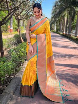 Odette - Women Yellow Woven Design Soft Silk Saree with Unstitched Blouse