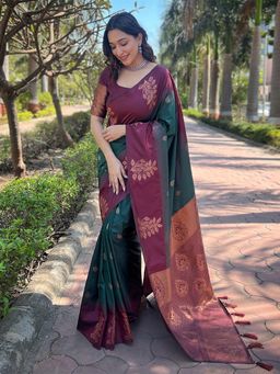 Odette - Women Green Woven Tassels Design Soft Silk Saree with Unstitched Blouse