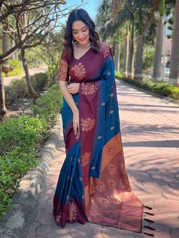 Odette - Women Navy Blue Woven Tassels Design Soft Silk Saree with Unstitched Blouse