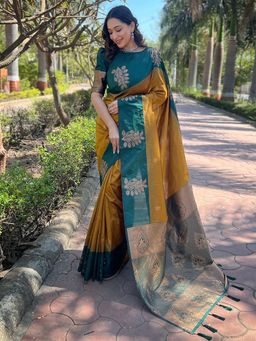 Odette - Women Mustard Woven Tassels Design Soft Silk Saree with Unstitched Blouse