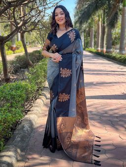 Odette - Women Grey Woven Tassels Design Soft Silk Saree with Unstitched Blouse
