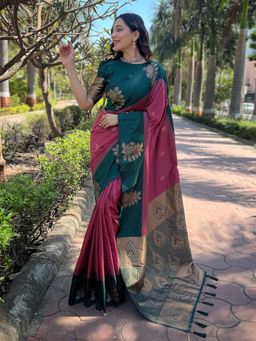 Odette - Women Pink Woven Tassels Design Soft Silk Saree with Unstitched Blouse