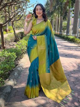 Odette - Women Teal Woven Tassels Design Soft Silk Saree with Unstitched Blouse