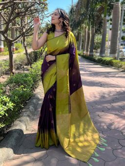 Odette - Women Purple Woven Tassels Design Soft Silk Saree with Unstitched Blouse