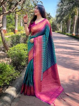 Odette - Women Teal Woven Design Soft Silk Saree with Unstitched Blouse