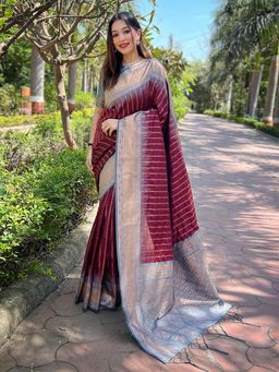 Odette - Women Maroon Woven Design Soft Silk Saree with Unstitched Blouse
