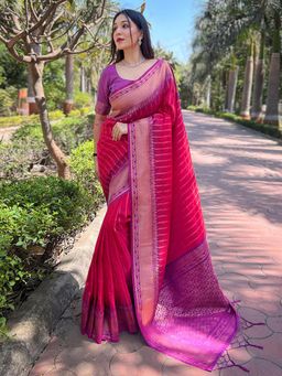 Odette - Women Pink Woven Design Soft Silk Saree with Unstitched Blouse