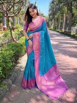 Odette - Women Sky Blue Woven Design Soft Silk Saree with Unstitched Blouse