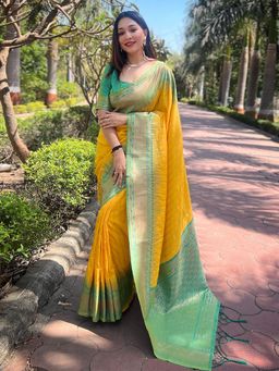 Odette - Women Yellow Woven Design Soft Silk Saree with Unstitched Blouse