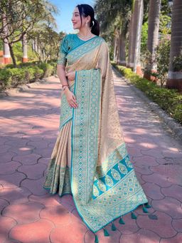 Odette - Women Beige Woven Design Tissue Silk Saree with Unstitched Blouse