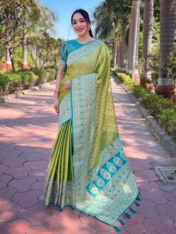 Odette - Women Olive Woven Design Tissue Silk Saree with Unstitched Blouse