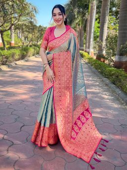 Odette - Women Grey Woven Design Tissue Silk Saree with Unstitched Blouse