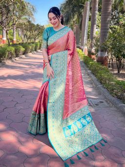 Odette - Women Peach Woven Design Tissue Silk Saree with Unstitched Blouse