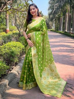 Odette - Women Olive Woven Design Organza Saree with Unstitched Blouse