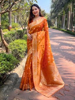 Odette - Women Orange Woven Design Organza Saree with Unstitched Blouse