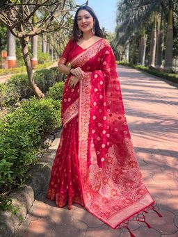 Odette - Women Hot Pink Woven Design Organza Saree with Unstitched Blouse