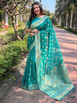 Odette - Women Rama Green Woven Design Organza Saree with Unstitched Blouse