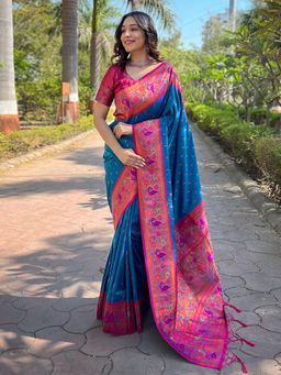 Odette - Women Blue Woven Design Silk Blend Saree with Unstitched Blouse