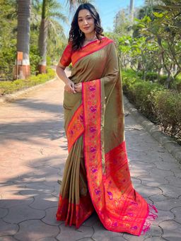 Odette - Women Olive Woven Design Silk Blend Saree with Unstitched Blouse