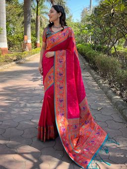 Odette - Women Hot Pink Woven Design Silk Blend Saree with Unstitched Blouse