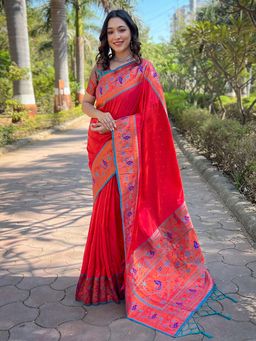Odette - Women Red Woven Design Silk Blend Saree with Unstitched Blouse
