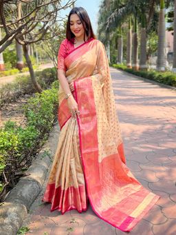Odette - Women Beige Woven Design Tissue Silk Saree with Unstitched Blouse